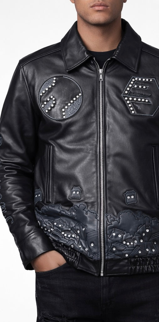 Famous Life Star Studded Leather Bomber