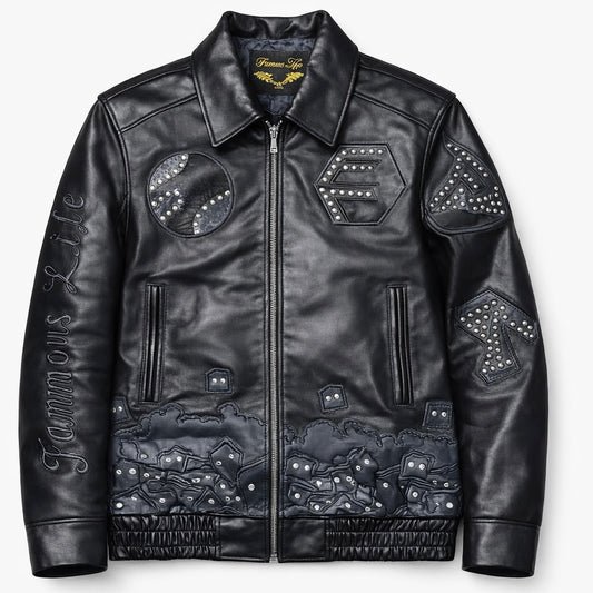 Famous Life Star Studded Leather Bomber